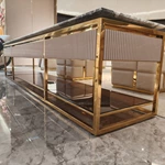 Modern Luxury TV Stand with Woven Texture Panels, Floating Center Shelf and Dark Wood Storage Compartments